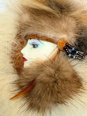 Nanook Nans Alaska Handmade Fur Brooch With Painted Lady Face & Beads 3.5 Inches